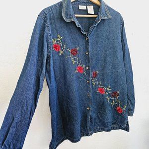 Bobbie Brooks Denim Beaded Embroidered Floral Button Up Shirt Country Rodeo L